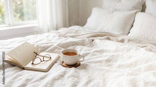 Cozy bed scene with cup of tea, glasses, and notebook on blanket  