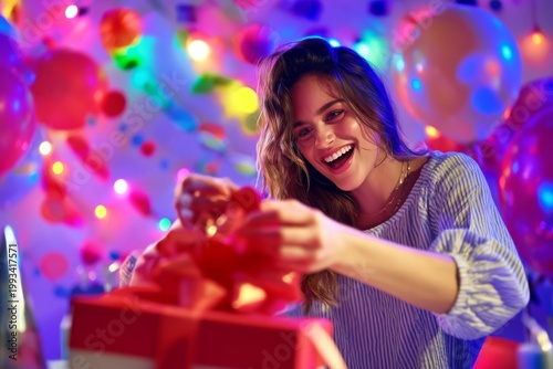 Woman Unwraps a Gift at a Celebration With Colorful Lights and Decorations in...