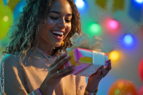 Woman Unwraps a Gift at a Celebration With Colorful Lights and Decorations in...