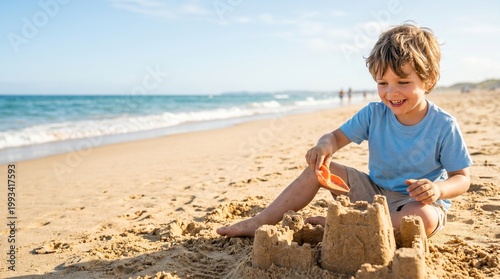 Young boy building sandcastle on beach while smiling in sunlight  