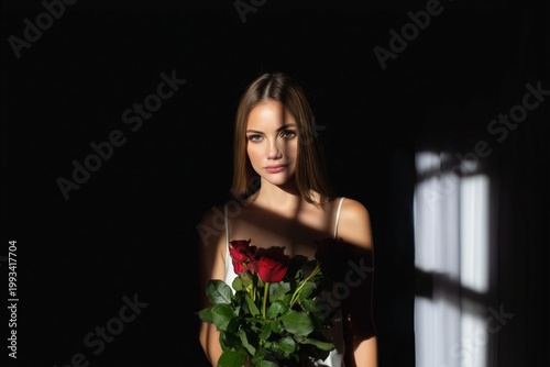 Woman Holds a Bouquet of Red Roses in a Dimly Lit Room With Shades and Shadows