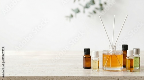 Reed diffuser with essential oil bottles on minimalistic table  