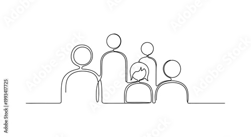 Minimalist Single Line Drawing of a Diverse Family Group Standing Together