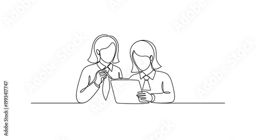 Two women looking at tablet, teamwork, collaboration, business meeting, office work, digital technology