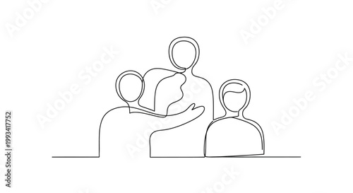 Three people connected, abstract line art, unity, support, togetherness, teamwork concept