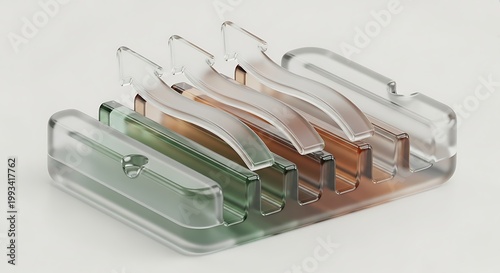 Modular 3D translucent building blocks in green, brown, and clear on light background.