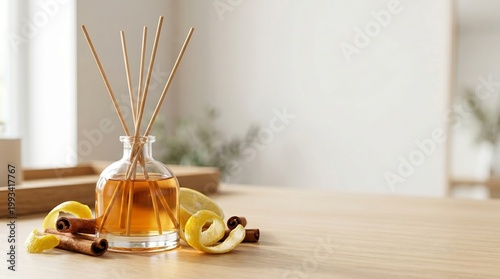 Reed diffuser with cinnamon and lemon peels on wooden table  