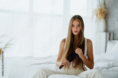 A Young Woman Sits on a Bed in a Bright Room