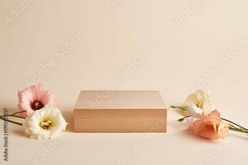 Wooden Box Placed on a Plain Background With Flowers Around It
