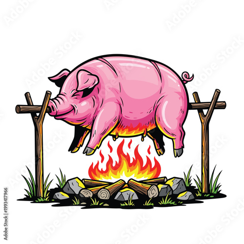 Whole Pig Roasting on a Spit Over an Open Campfire.