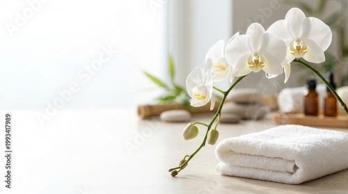 White orchid beside rolled towel on wooden table with aromatherapy  