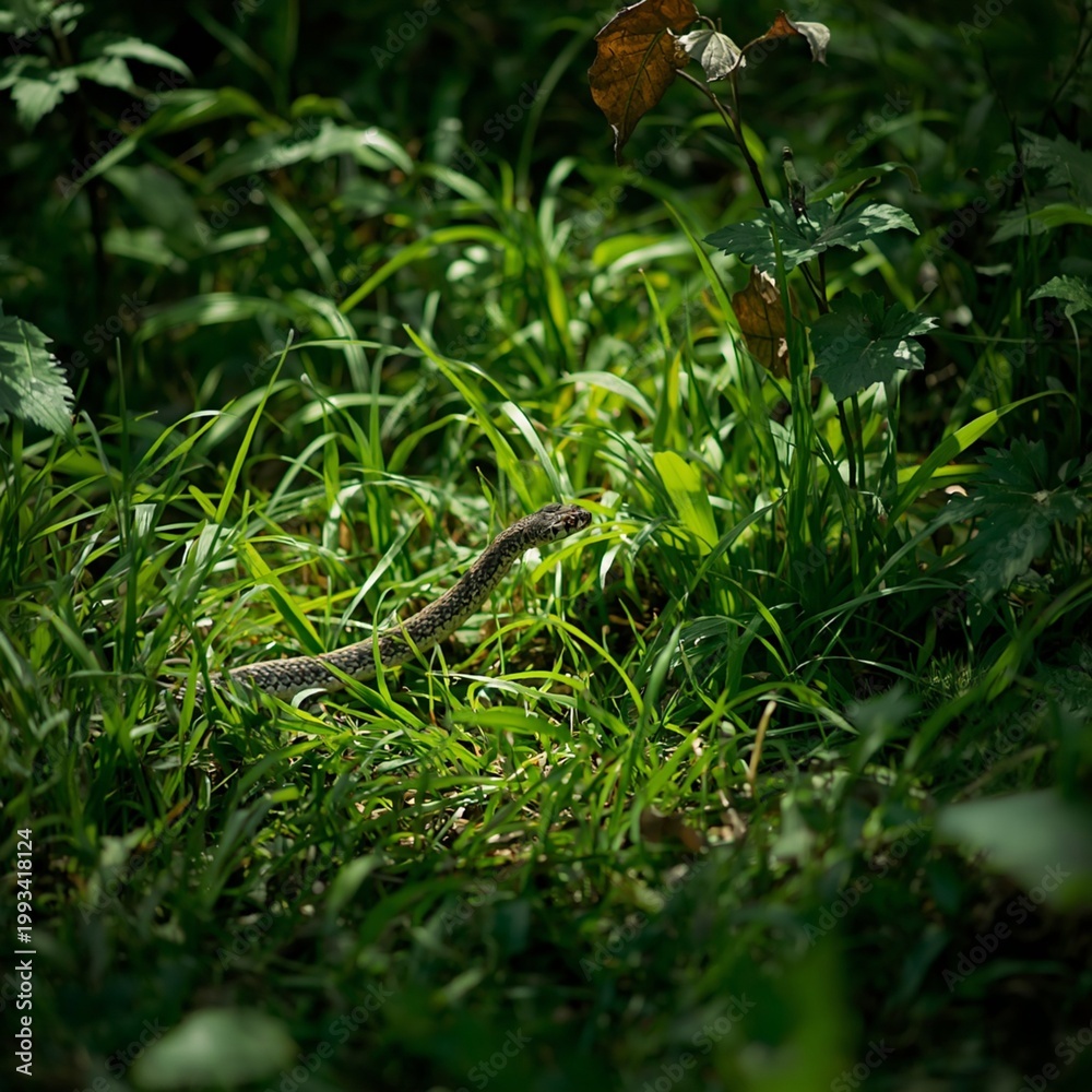 Fototapeta premium A snake slithers slowly through the thick green grass, displaying its contrasting, shimmering scales. Natural light highlights its body, creating a mysterious and serene atmosphere. The surrounding en