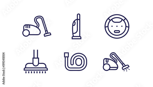 Household Vacuum Cleaner Icons Set Isolated on White Background, Cleaning Equipment, Robotic Vacuum, Hose and Brush Head Vector Symbols for Home Service