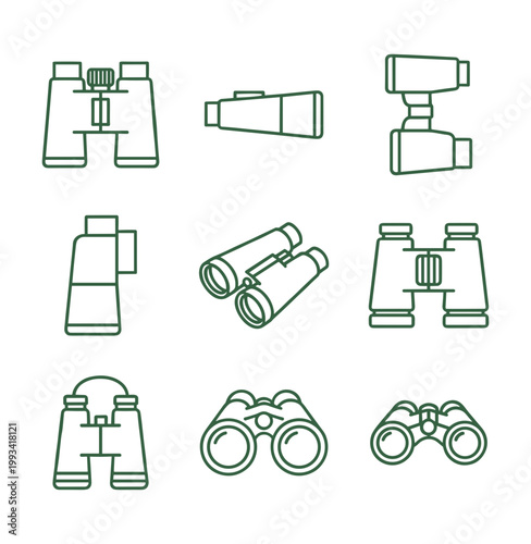 Professional Binoculars and Monocular Icons Set Isolated on White Background, Optical Equipment Vector Symbols for Bird Watching, Travel and Scouting