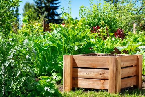 Garden Scene With Wooden Planter During Sunset in a Vegetable Patch