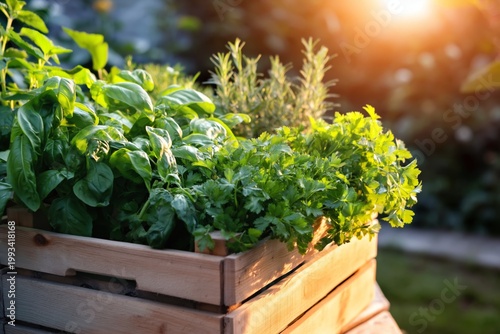 Growing Herbs in a Wooden Box During Sunset in a Garden