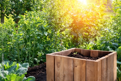 Fresh Herbs Grow in Wooden Planter in Garden During Sunny Afternoon Light