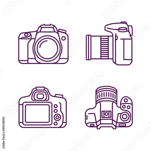 Professional DSLR Digital Camera Outline Icons Set for Photography Studio, Video Production, Photo Journalism, Travel Vlogging and Creative Media Content Creation