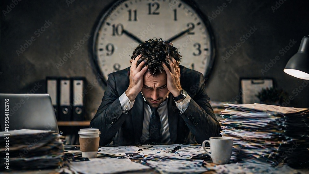Obraz premium Stressed businessman overwhelmed by paperwork and deadlines in busy office