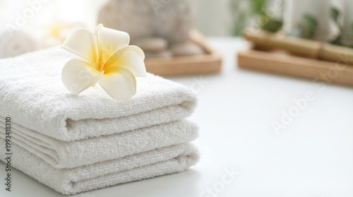 White towels stacked with a plumeria flower on a serene table  