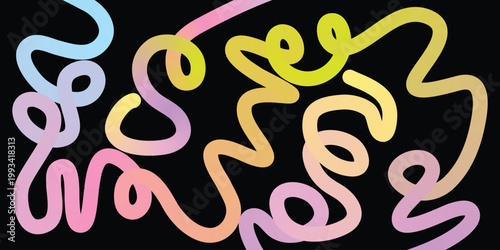 Colorful squiggles and swirls in pastel shades on black background  decorative design elements in blue pink yellow and purple hues