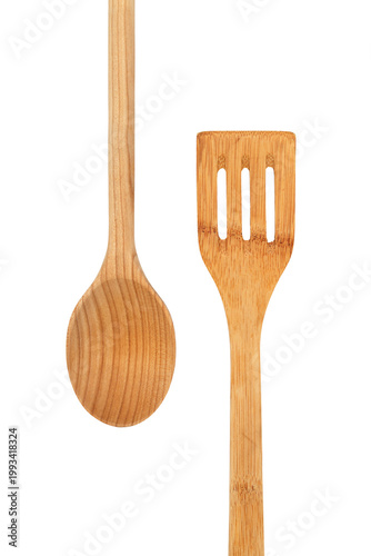 Wooden kitchen spoon and spatula isolated on white