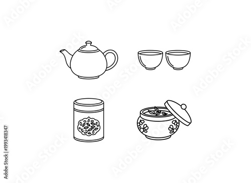 Traditional Tea Set Line Icons, Teapot, Tea Cups, Canister and Bowl with Loose Leaves, Healthy Beverage and Ceremony Culture Elements, Relaxation and Organic Drink Vector Illustration Set