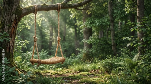 Woven swing hanging from tree branch in sunlit forest clearing  