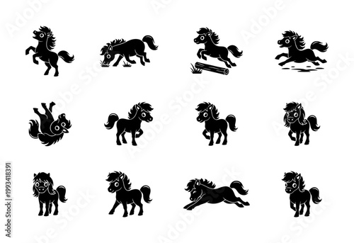 Majestic Horse and Pony Silhouettes Collection Featuring Equine Characters Galloping, Jumping, Grazing and Rearing in Field Vector Graphic Symbols