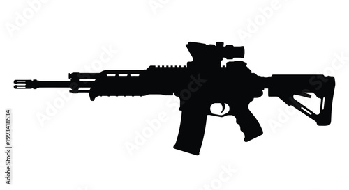 Detailed black silhouette of a modern assault rifle design silhouette