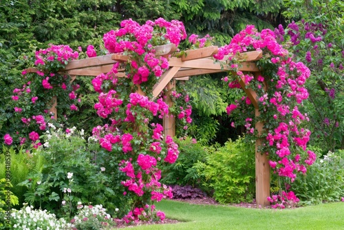 Roses Bloom Around a Wooden Arch in a Garden With Paths and Green Plants Duri...