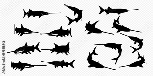 Collection of various swordfish and sawfish silhouettes, representing different marine life in black vector illustrations.