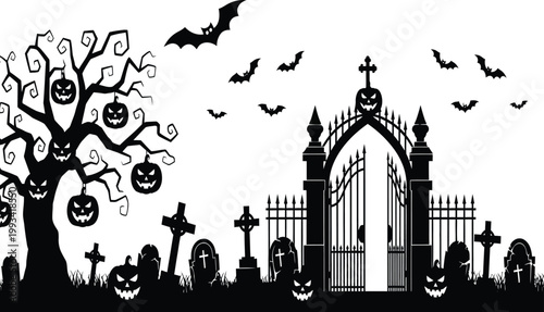 Spooky halloween scene with pumpkins bats a graveyard and a gate