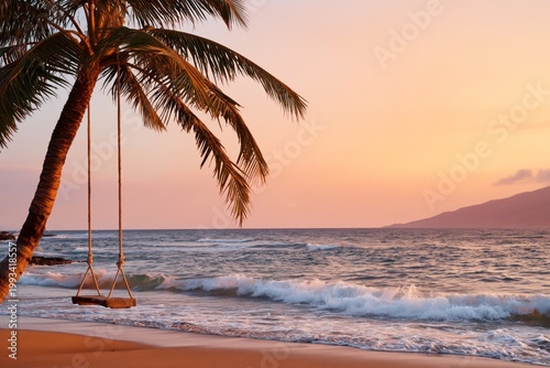 Sunset Over Beach With Palm Tree and Swing in Maui, Hawaii