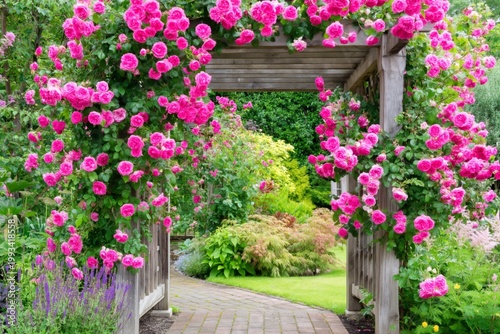 Roses Bloom Around a Wooden Arch in a Garden With Paths and Green Plants Duri...