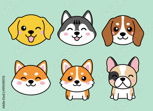 Cute Dog Faces Cartoon Avatar Set with Different Breeds Including Husky Beagle Shiba Inu Corgi and French Bulldog Isolated on Pastel Green Background