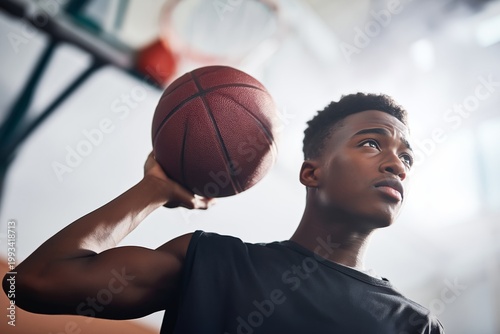 Young Boy Holds Basketball With Focused Look in Indoor Sports Area During Pra...