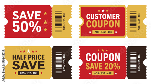 Discount coupons set for retail promotion | stylized graphic tags with percentage offers | flat vector illustration for marketing campaigns