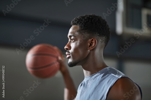 Young Man Prepares to Shoot Basketball in Gym During Practice Session With Fo...