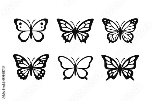 Collection of six black butterfly icons with diverse wing patterns and elegant shapes. Minimalist vector silhouettes perfect for logo design, tattoos, nature graphics, and decorative elements.