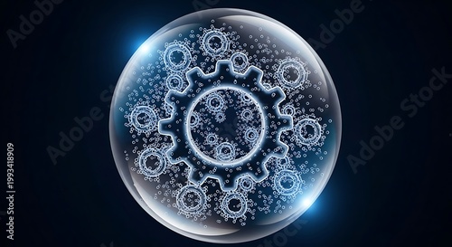 Transparent sphere containing a mechanical gear and rings on dark tech background.