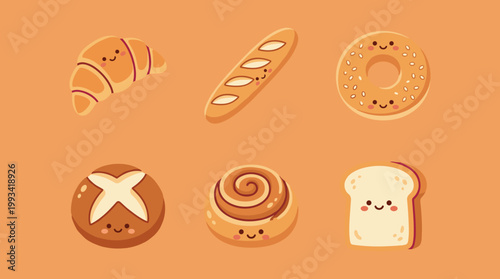 Cute Bakery and Bread Characters Collection with Croissant, Baguette, Bagel, Bun, Cinnamon Roll and Sliced Toast Bread Vector Mascot Symbols
