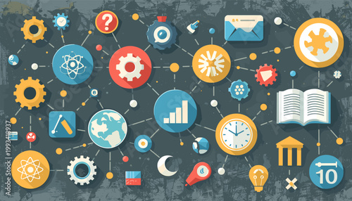 A flat design illustration with science and technology symbols, evoking concepts of energy, research, and innovation. Ideal for articles, presentation