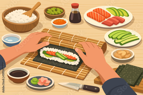 Person Making Homemade Sushi with Fresh Salmon, Tuna, Avocado, and Cucumber on a Bamboo Mat, Top View Illustration of Japanese Cuisine Preparation with Rice, Soy Sauce, and Nori Sheets
