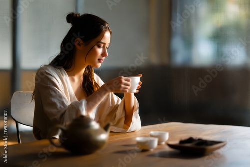 Woman Holds Cup of Tea While Sitting at Table in Bright Room During Morning