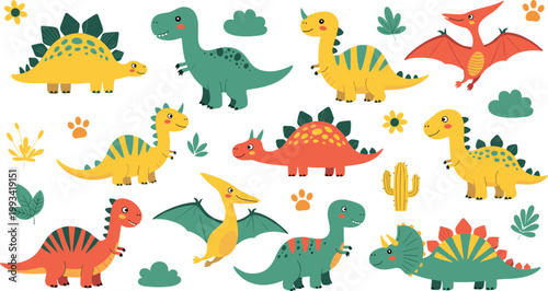 Cute Dinosaur Cartoon Set Featuring Colorful Dinos Including T Rex Stegosaurus Triceratops and Pterodactyl for Kids Illustration Design.