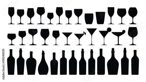 A black and white illustration shows various glasses and bottles arranged in rows on a table indoors.
