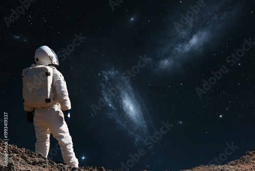 Astronaut Stands on Rocky Surface While Looking at Galaxies in Night Sky