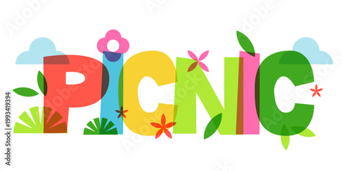 Vector picnic lettering typography for invitations, outdoor party. Poster banner modern design elements