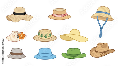 Set of Summer Straw Hats Collection for Women and Men, Sun Protection Beach Wear Icons, Panama, Fedora, Sombrero, Floppy and Cowboy Hat Vector Illustration